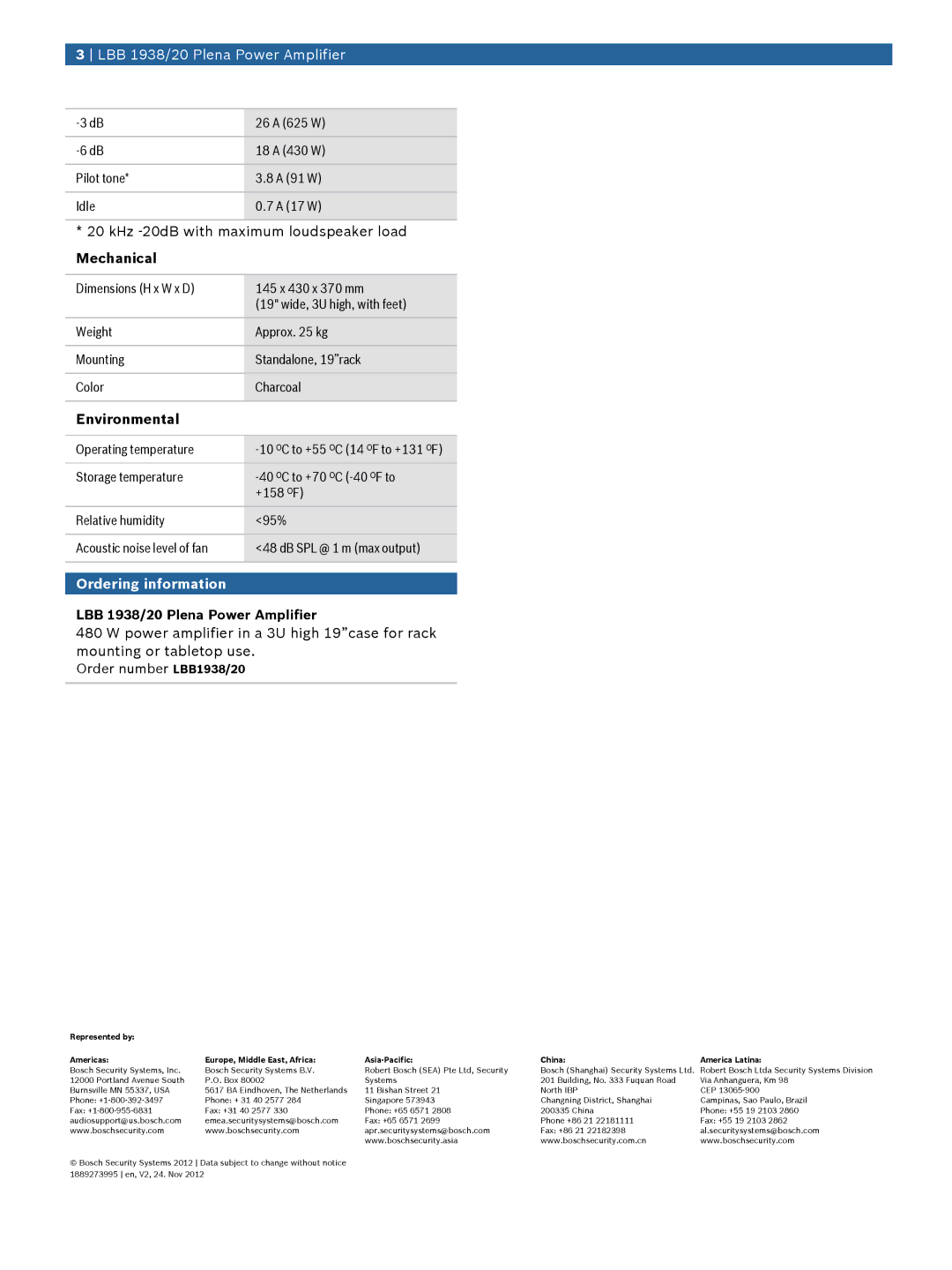 Bosch Appliances manual Mechanical, Environmental, Ordering information, LBB 1938/20 Plena Power Amplifier 