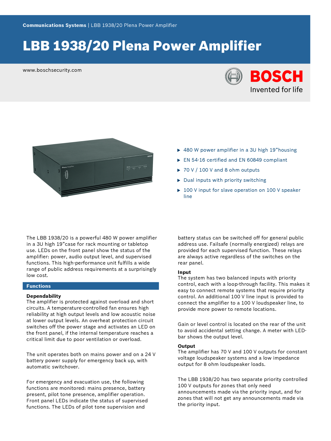 Bosch Appliances manual Functions, Dependability, Input, Output, LBB 1938/20 Plena Power Amplifier 