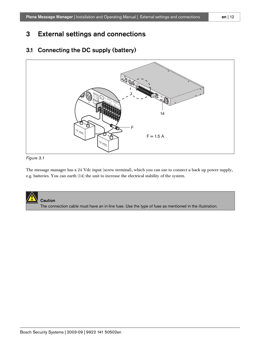 Bosch Appliances LBB 1965 manual External settings and connections, Connecting the DC supply battery 