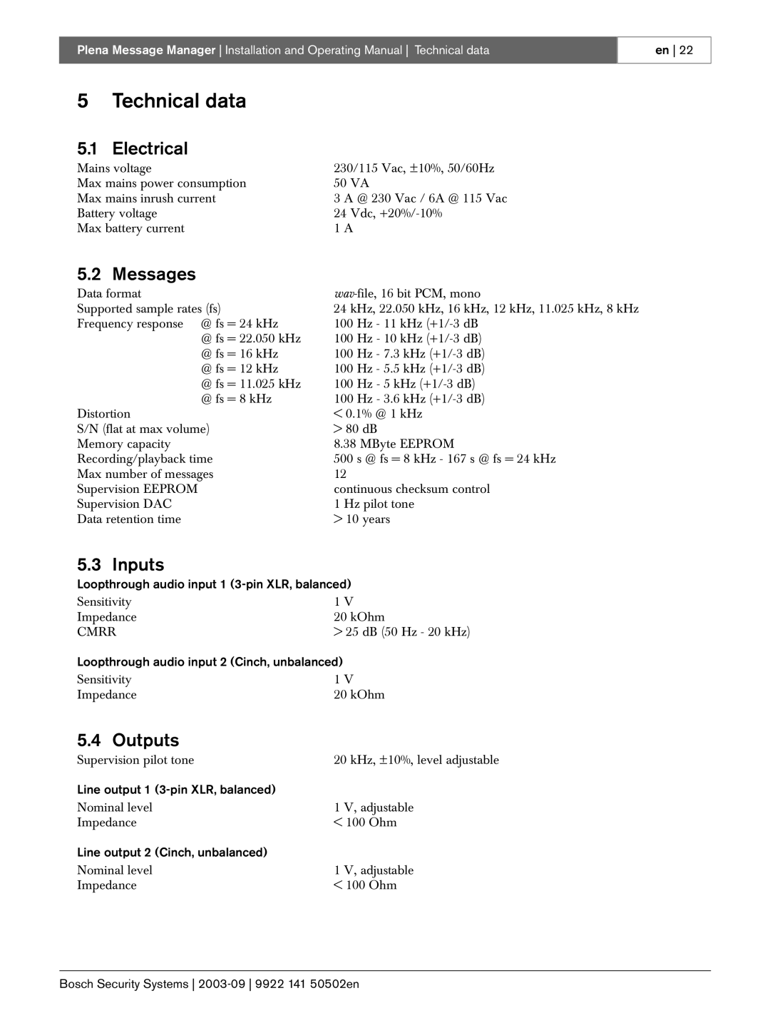 Bosch Appliances LBB 1965 manual Technical data, Electrical, Messages, Inputs, Outputs 