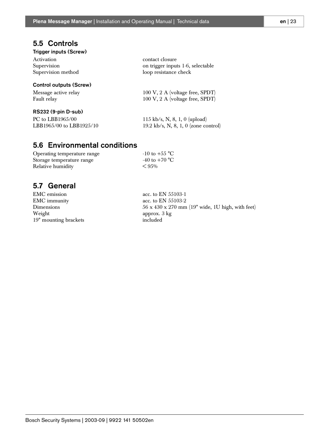 Bosch Appliances LBB 1965 manual Controls, Environmental conditions, General 