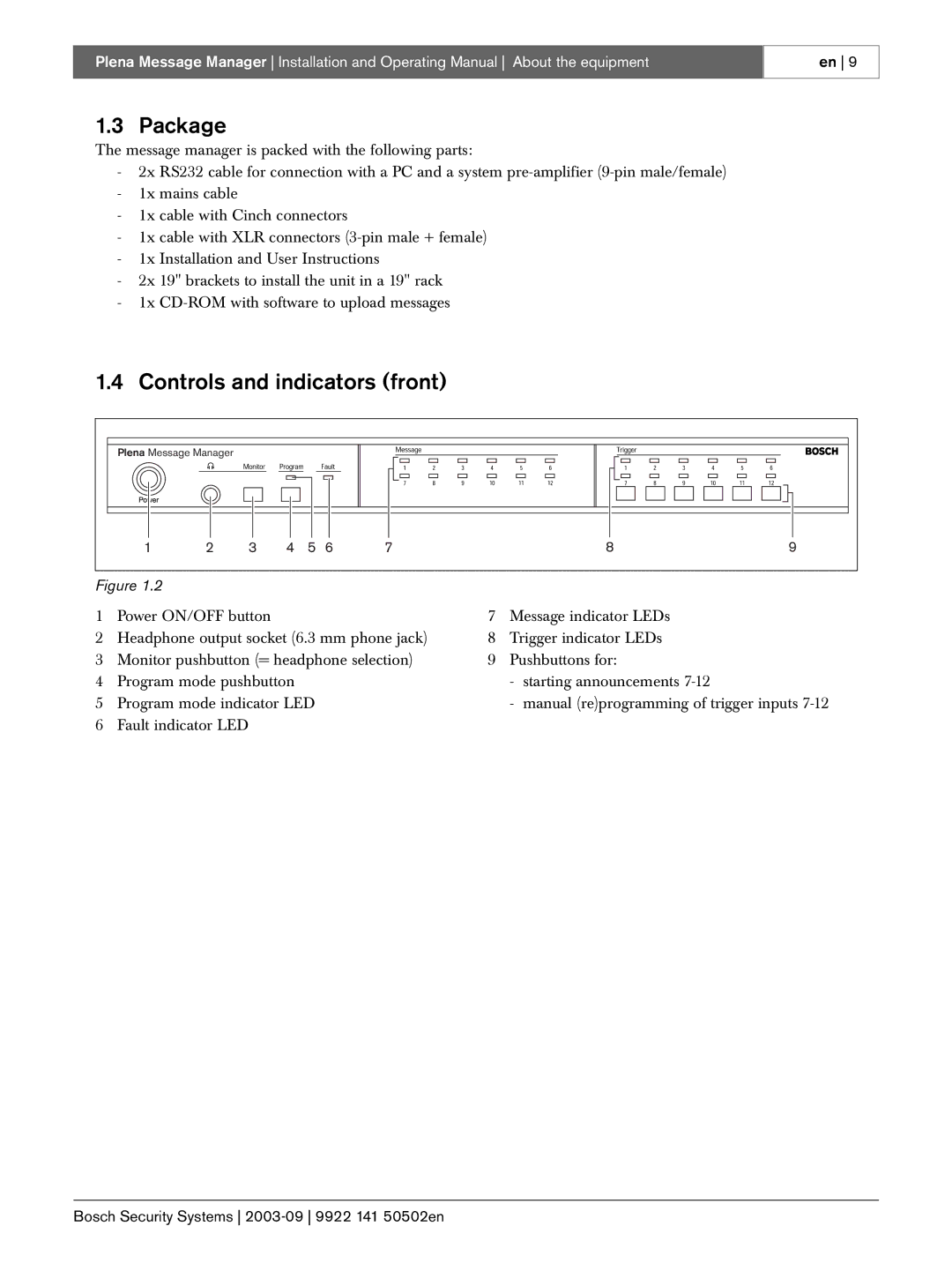 Bosch Appliances LBB 1965 manual Package, Controls and indicators front 