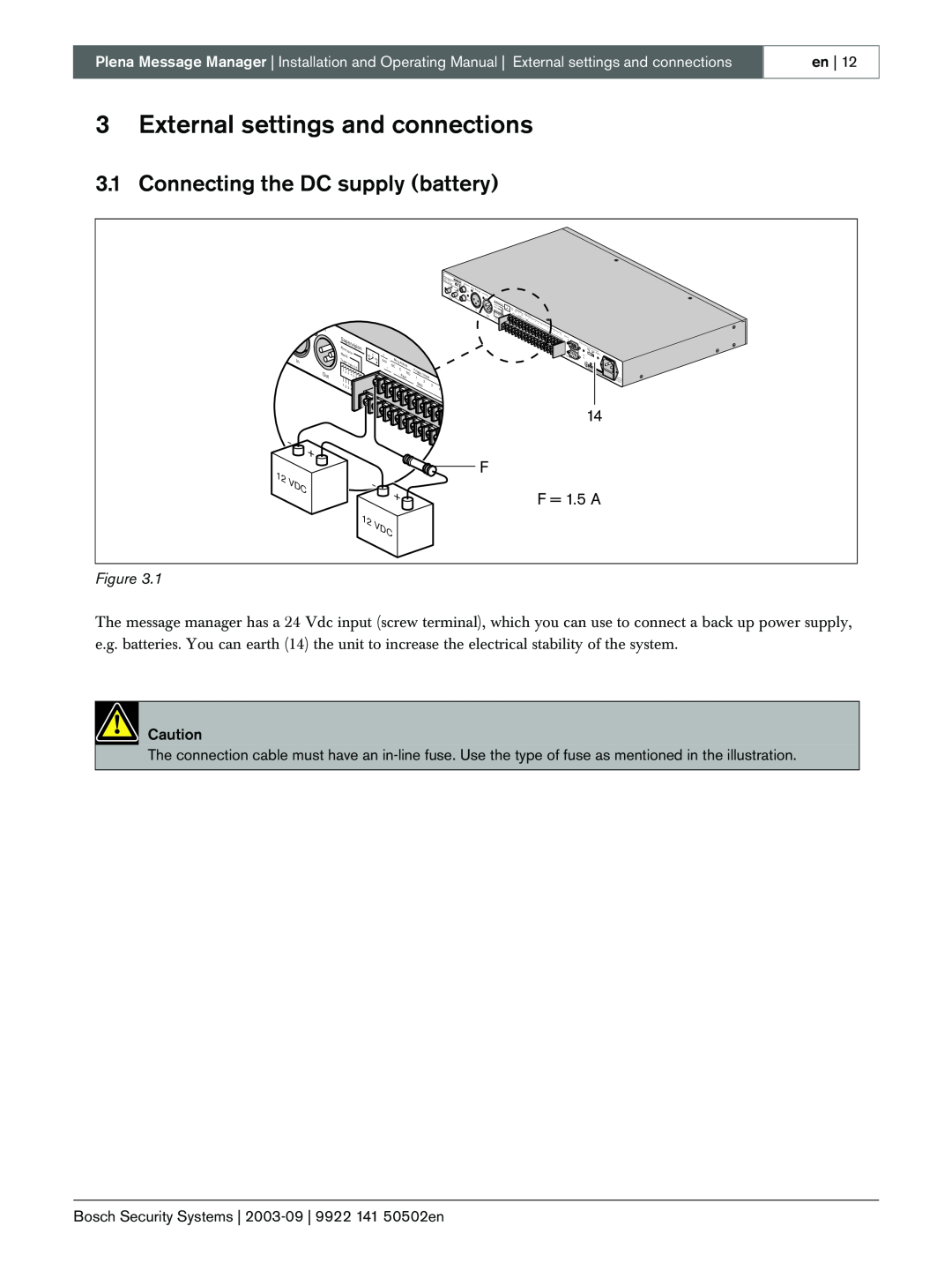 Bosch Appliances LBB 1965 manual 3External settings and connections, Connecting the DC supply battery, en, F = 1.5 A 