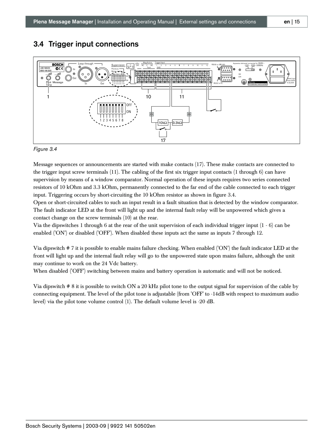 Bosch Appliances LBB 1965 manual Trigger input connections, 10kΩ, 3.3kΩ 