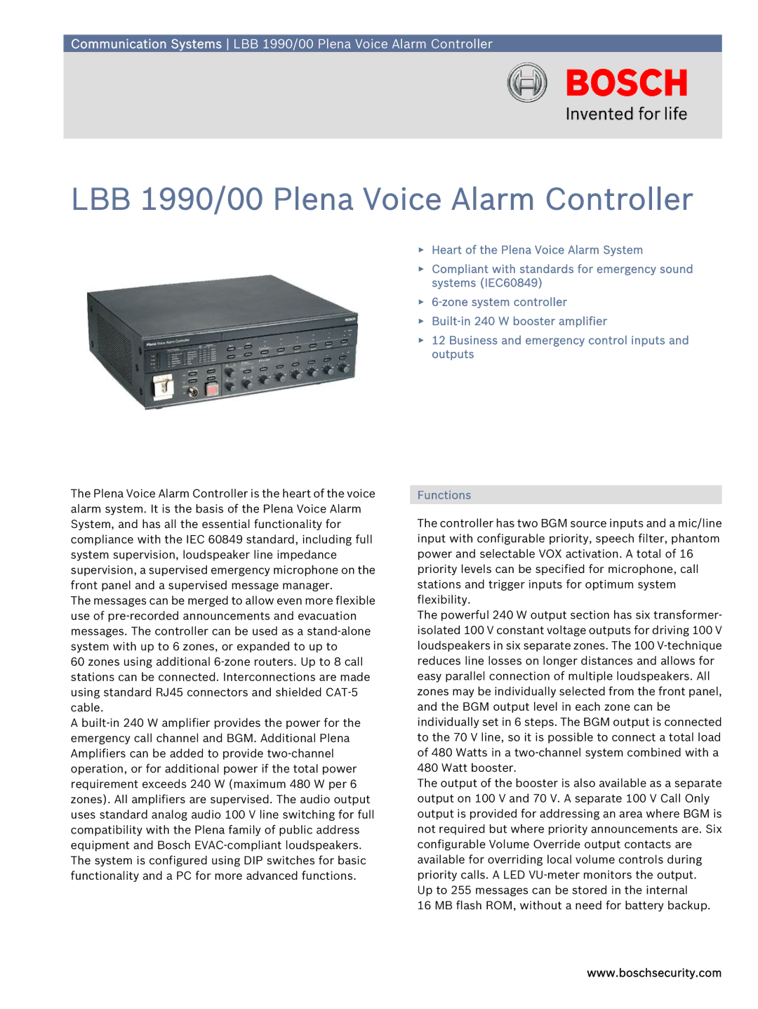 Bosch Appliances LBB 1990 0 manual LBB 1990/00 Plena Voice Alarm Controller 