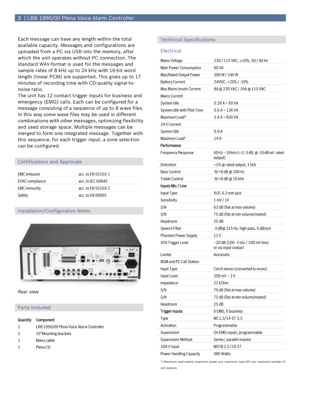 Bosch Appliances LBB 1990 0 manual Certifications and Approvals, Installation/Configuration Notes, Parts Included 