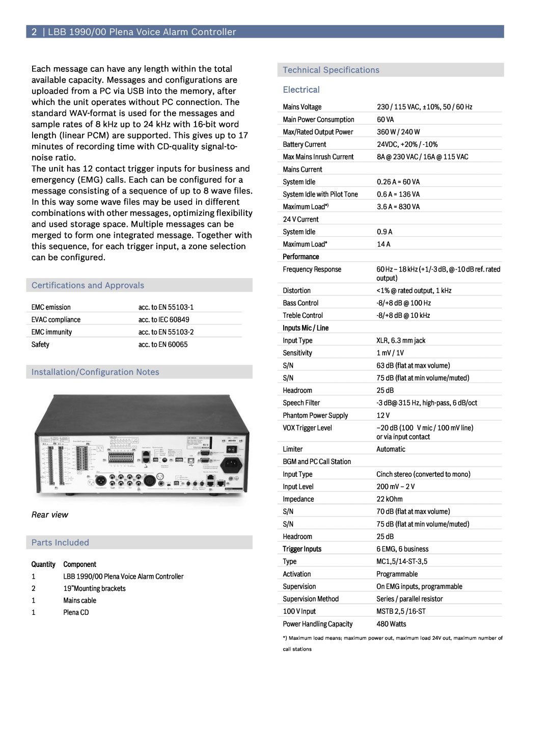 Bosch Appliances LBB 1990 0 manual LBB 1990/00 Plena Voice Alarm Controller, Certifications and Approvals, Parts Included 