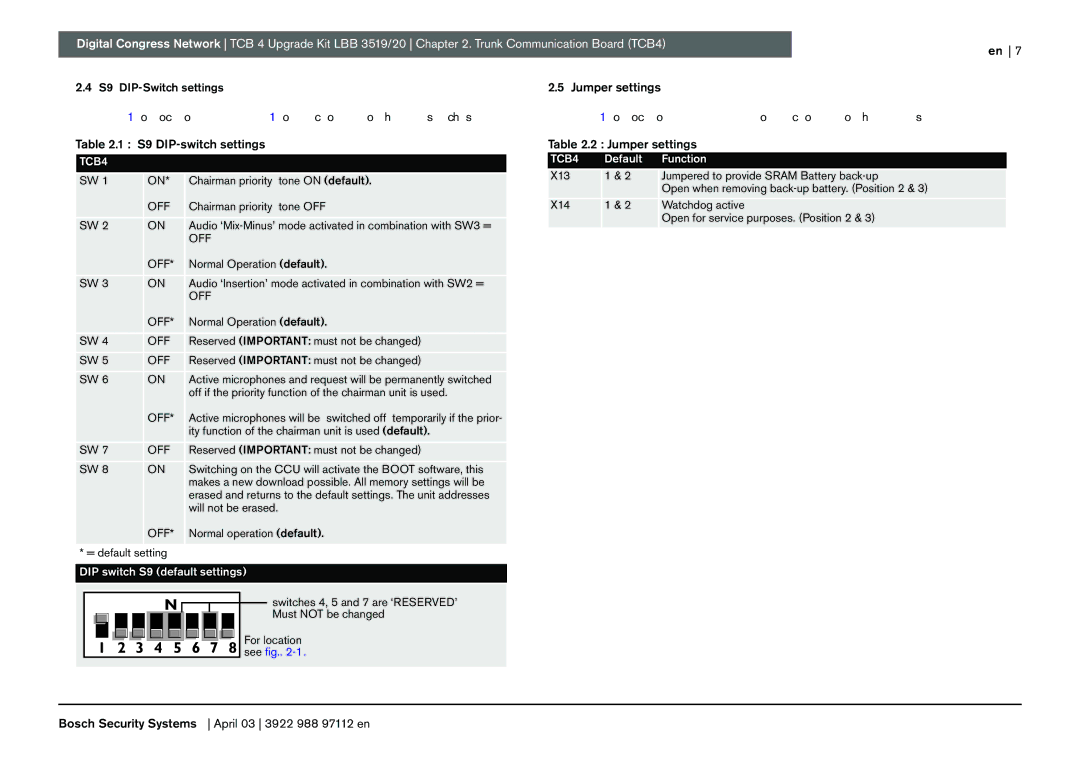 Bosch Appliances 20, LBB 3519 manual Jumper settings, S9 DIP-switch settings 