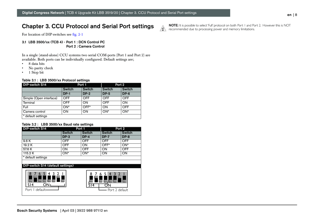 Bosch Appliances LBB 3519, 20 manual CCU Protocol and Serial Port settings, en, DIP-switchS14 default settings 