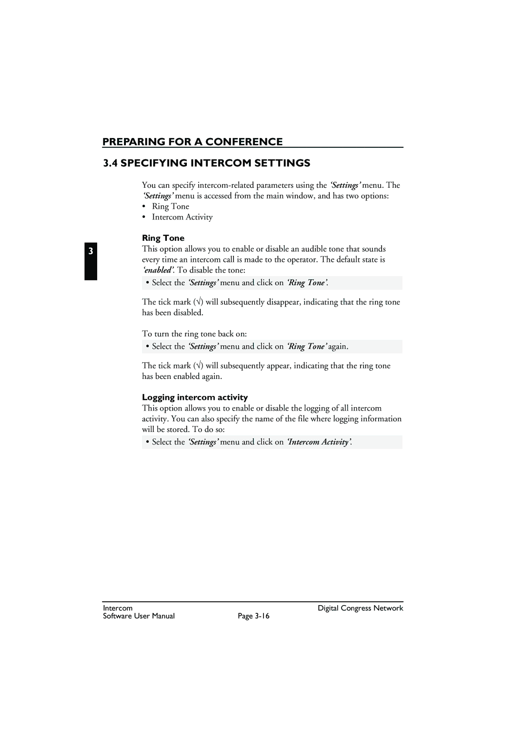 Bosch Appliances LBB 3573 Preparing for a Conference Specifying Intercom Settings, Ring Tone, Logging intercom activity 