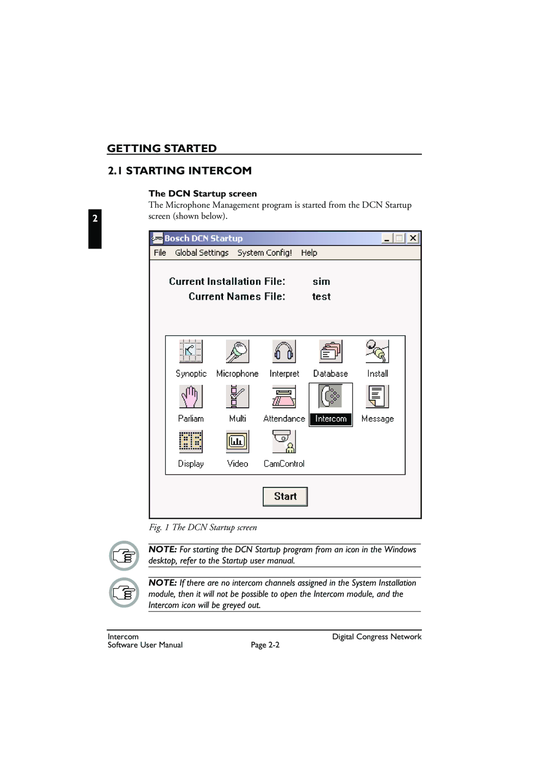 Bosch Appliances LBB 3573 user manual Getting Started Starting Intercom, DCN Startup screen 