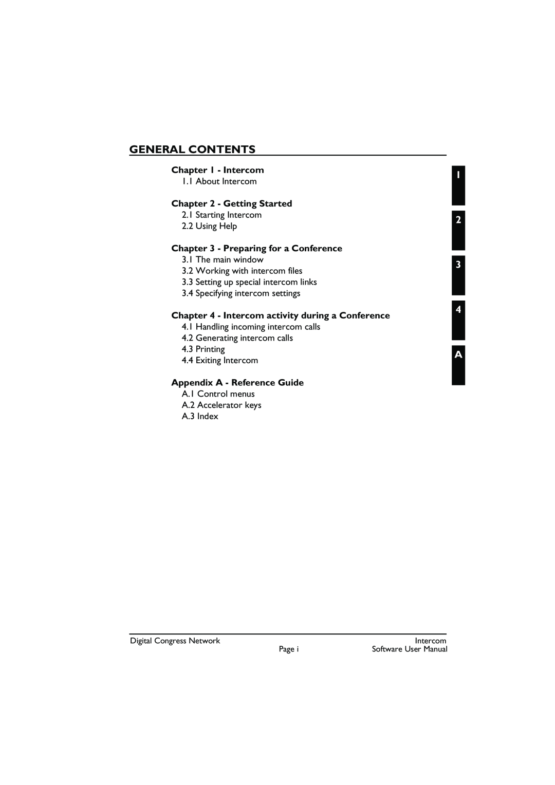 Bosch Appliances LBB 3573 user manual General Contents, 1 2 3 4 A, Intercom, Getting Started, Preparing for a Conference 