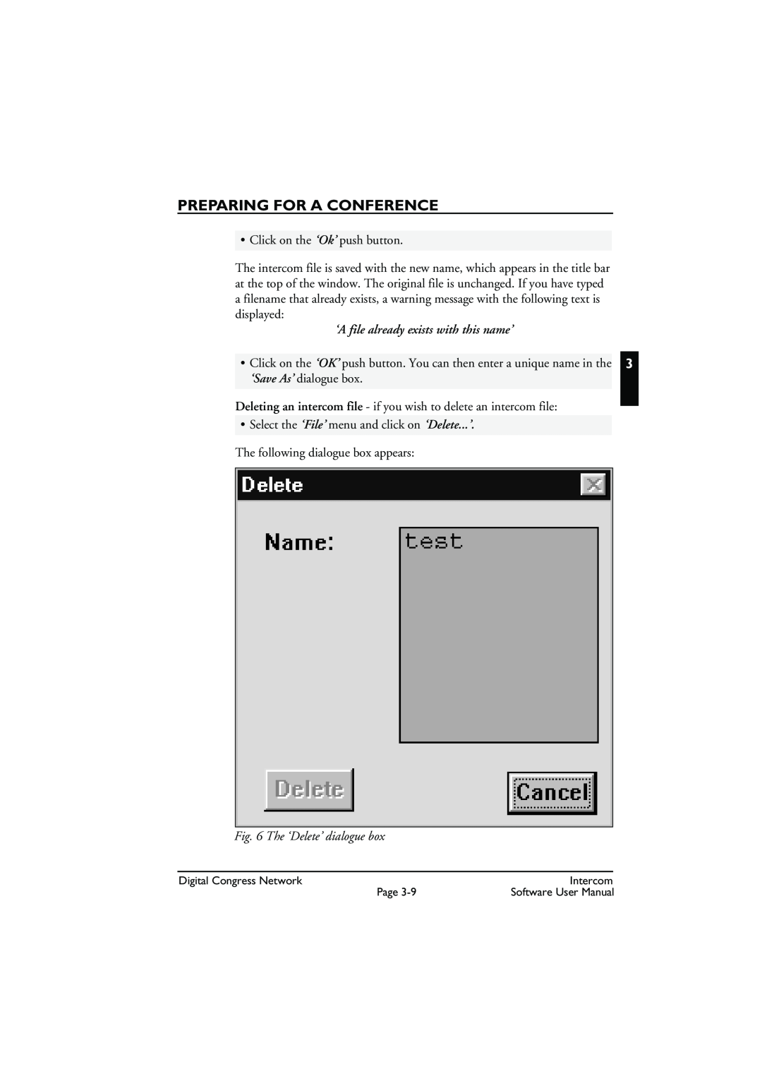 Bosch Appliances LBB 3573 user manual The ‘Delete’ dialogue box, Preparing For A Conference, Click on the ‘Ok’ push button 