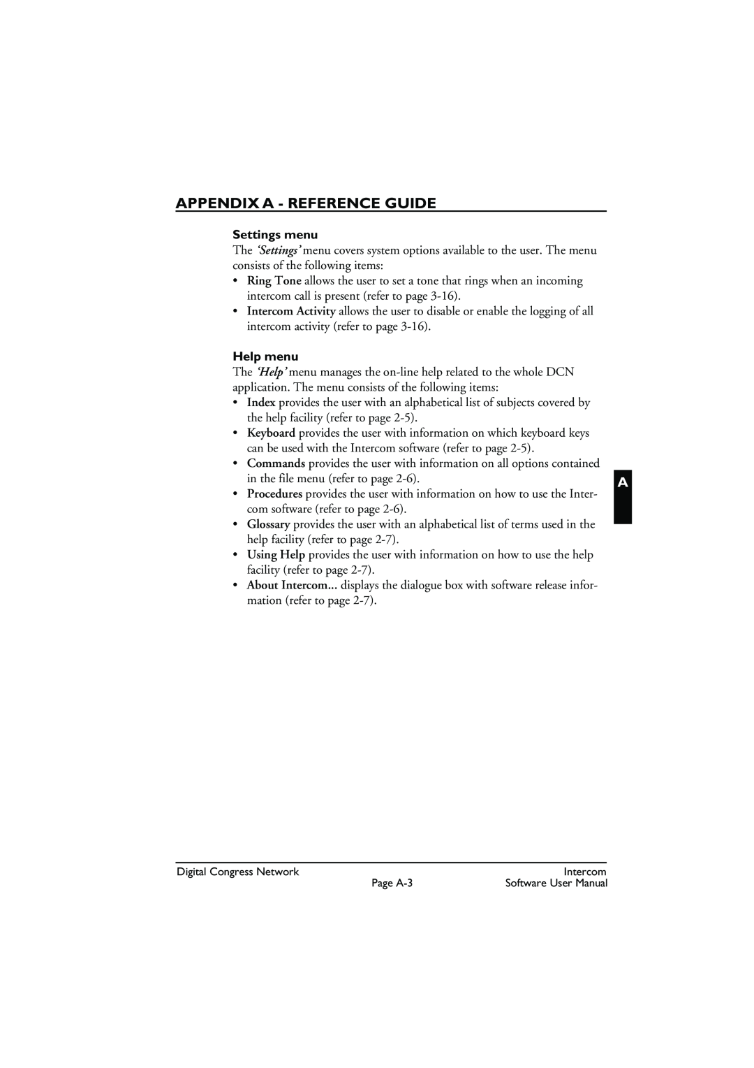 Bosch Appliances LBB 3573 user manual Appendix A - Reference Guide, Settings menu, Help menu 