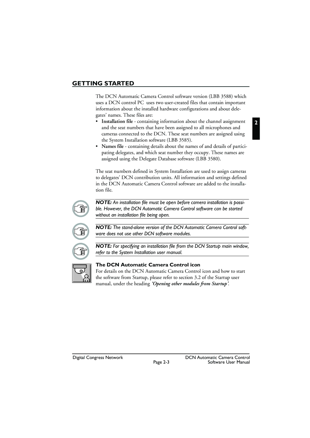 Bosch Appliances LBB 3588 user manual Getting Started, DCN Automatic Camera Control icon 