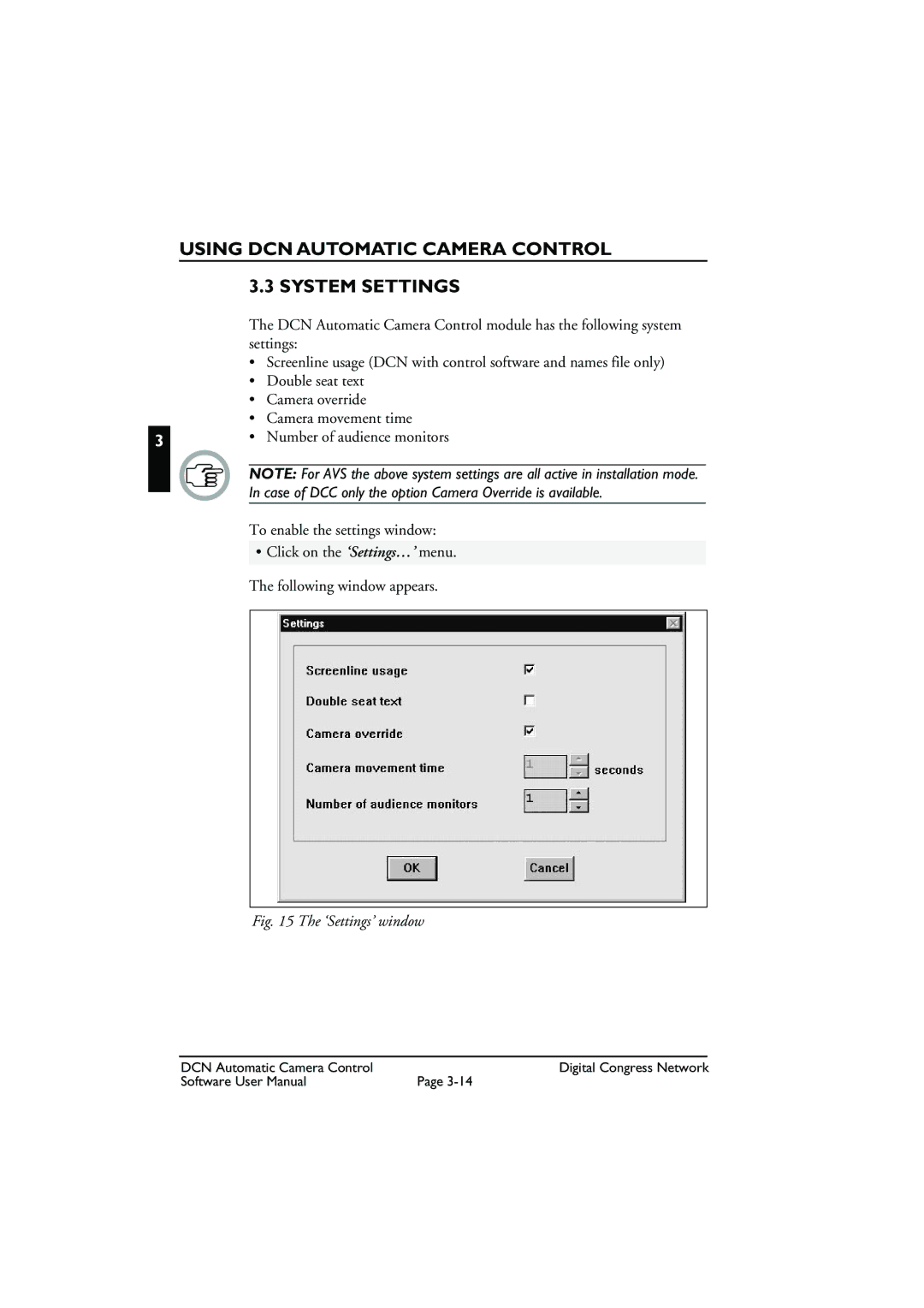 Bosch Appliances LBB 3588 user manual Using DCN Automatic Camera Control System Settings, ‘Settings’ window 