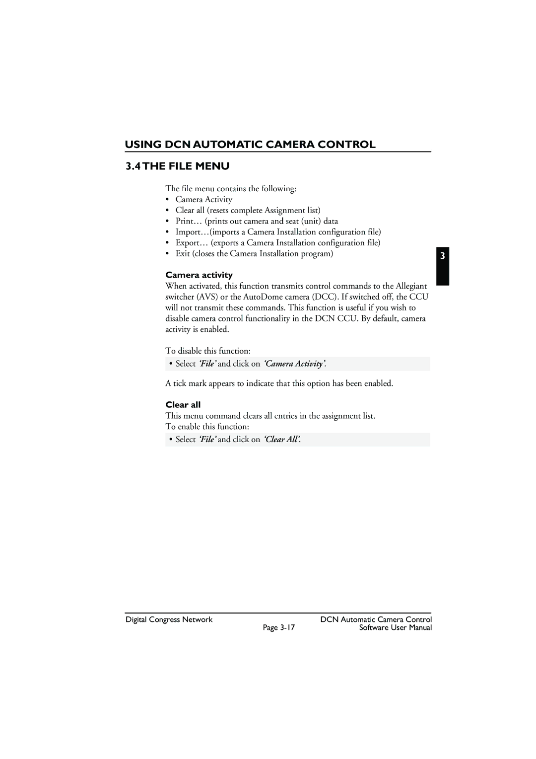 Bosch Appliances LBB 3588 user manual Using DCN Automatic Camera Control File Menu, Camera activity, Clear all 