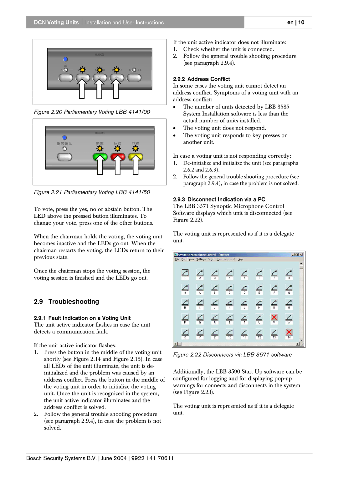 Bosch Appliances 50 Troubleshooting, Fault Indication on a Voting Unit, Address Conflict, Disconnect Indication via a PC 