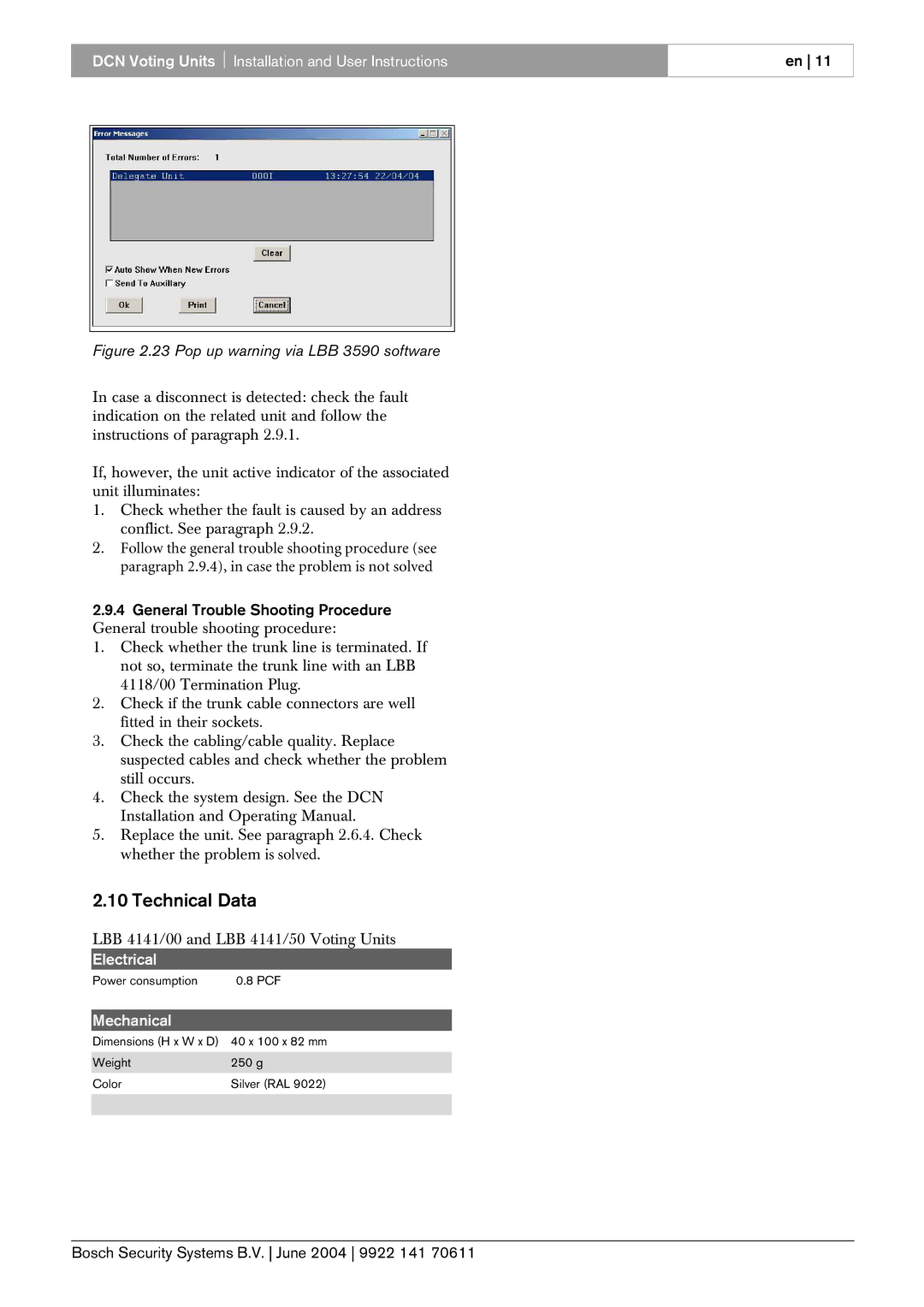 Bosch Appliances 00 and LBB 4141, 50 manual Technical Data, General Trouble Shooting Procedure 