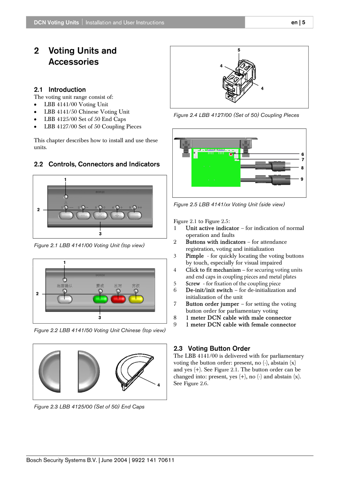 Bosch Appliances 00 and LBB 4141, 50 manual Voting Units and Accessories, Introduction, Controls, Connectors and Indicators 