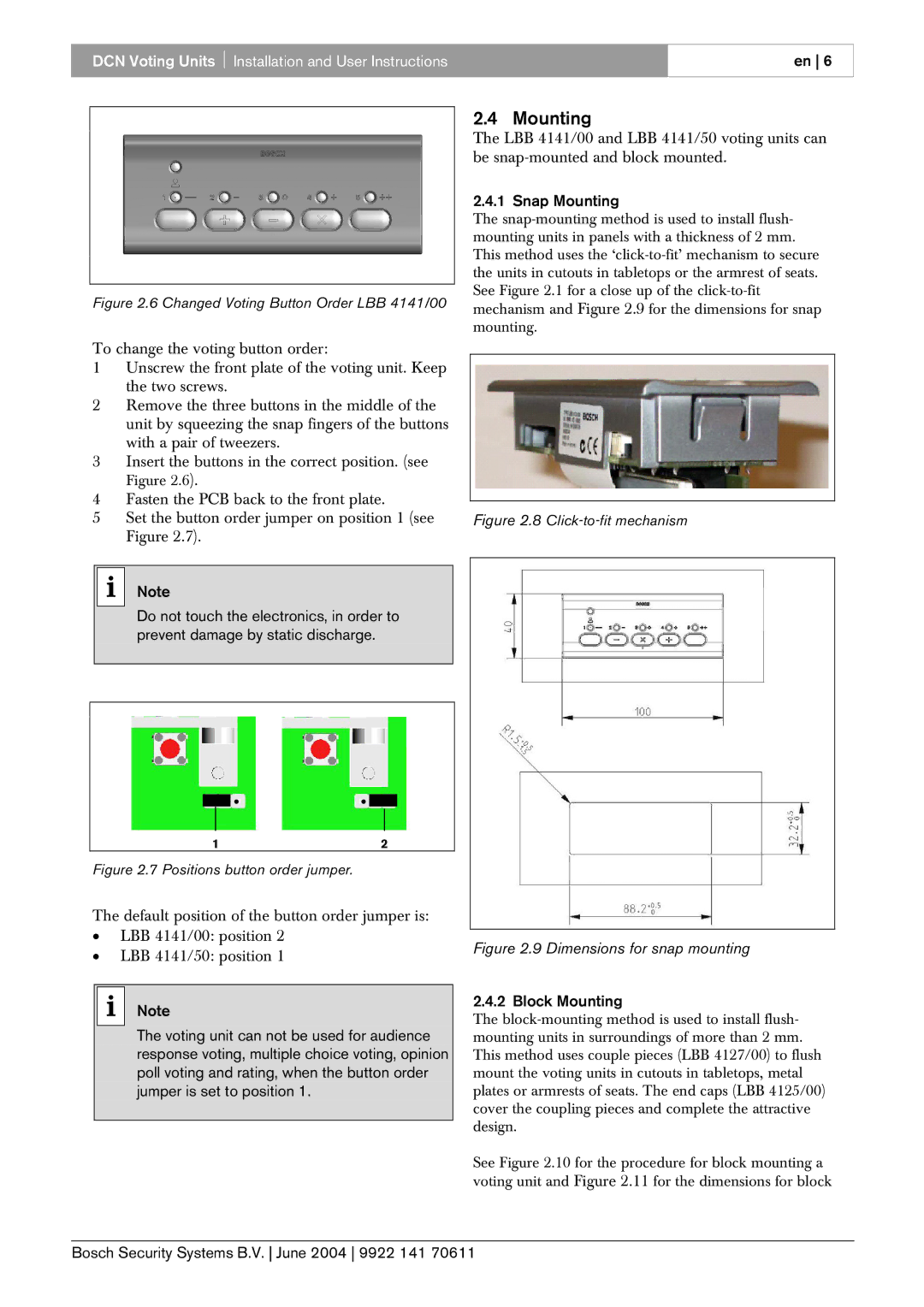 Bosch Appliances 50, 00 and LBB 4141 manual Snap Mounting, Block Mounting 