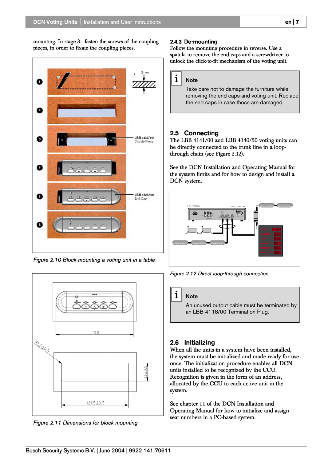 Bosch Appliances 50 Connecting, Initializing, 10 Block mounting a voting unit in a table, 11 Dimensions for block mounting 