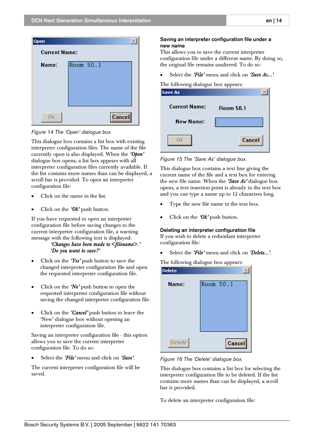 Bosch Appliances LBB 4172 user manual ‘Open’ dialogue box, Saving an interpreter configuration file under a new name 