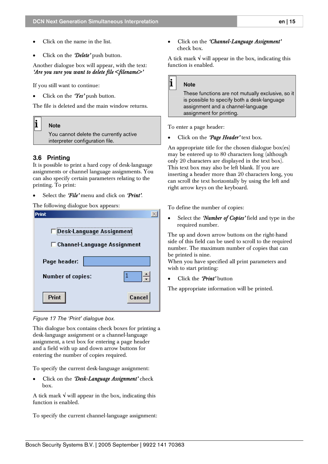 Bosch Appliances LBB 4172 user manual Printing, ‘Are you sure you want to delete file filename’ 