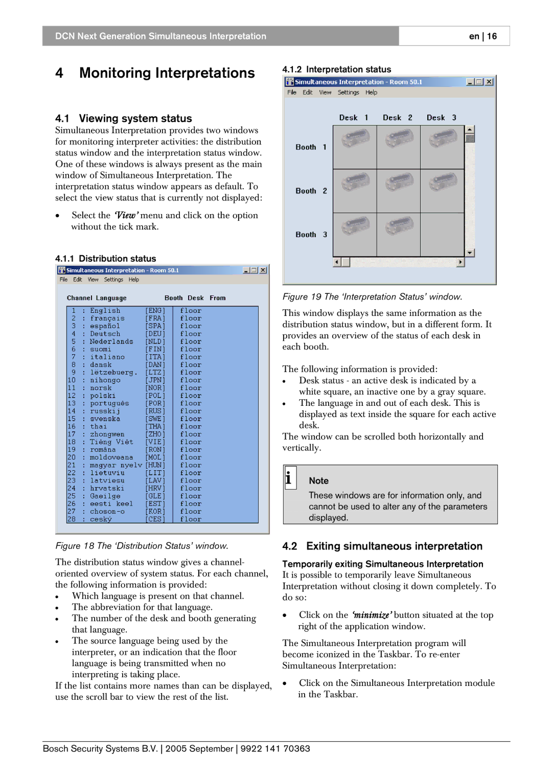 Bosch Appliances LBB 4172 Monitoring Interpretations, Viewing system status, Exiting simultaneous interpretation 