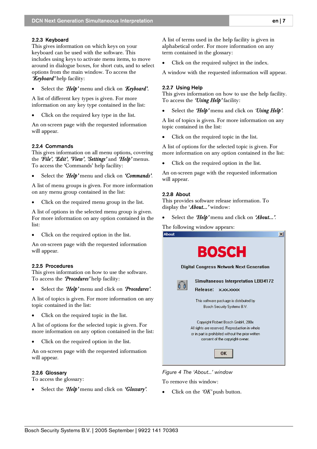 Bosch Appliances LBB 4172 user manual Keyboard, Commands, Procedures, Glossary, Using Help, About 