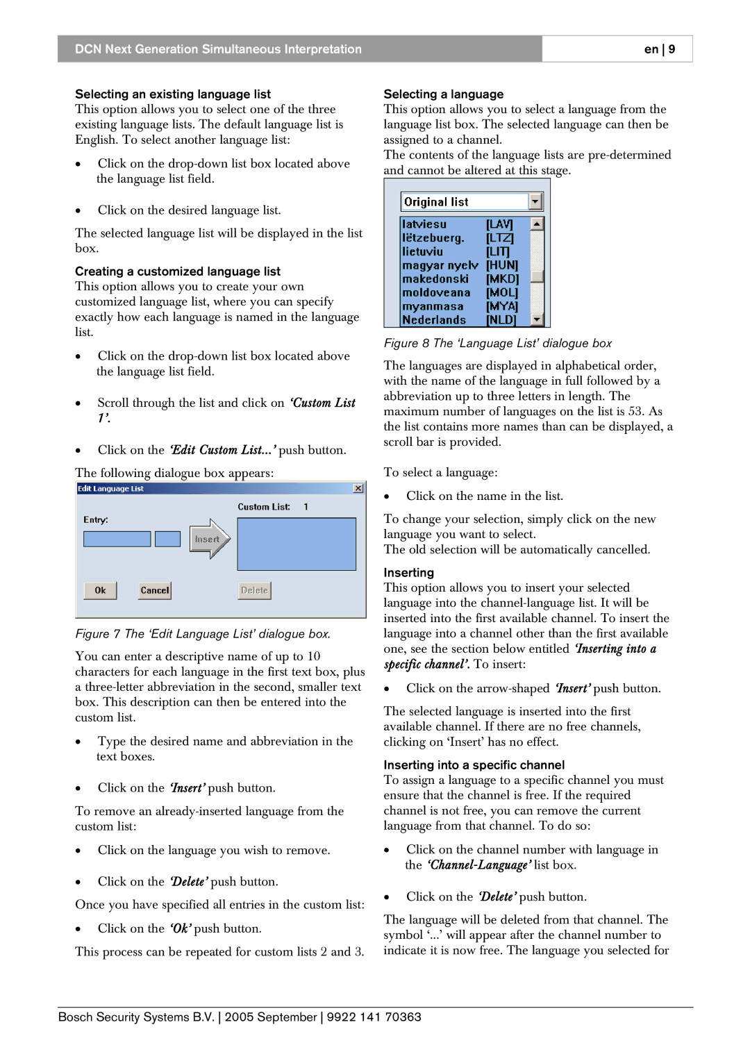 Bosch Appliances LBB 4172 user manual Selecting an existing language list, Selecting a language, Inserting 