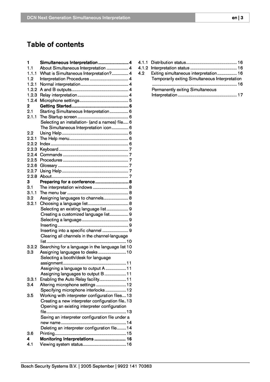 Bosch Appliances LBB 4172 user manual Table of contents, DCN Next Generation Simultaneous Interpretation 