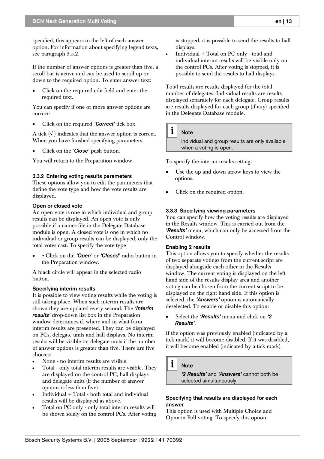 Bosch Appliances LBB 4176 user manual Entering voting results parameters, Open or closed vote, Specifying interim results 