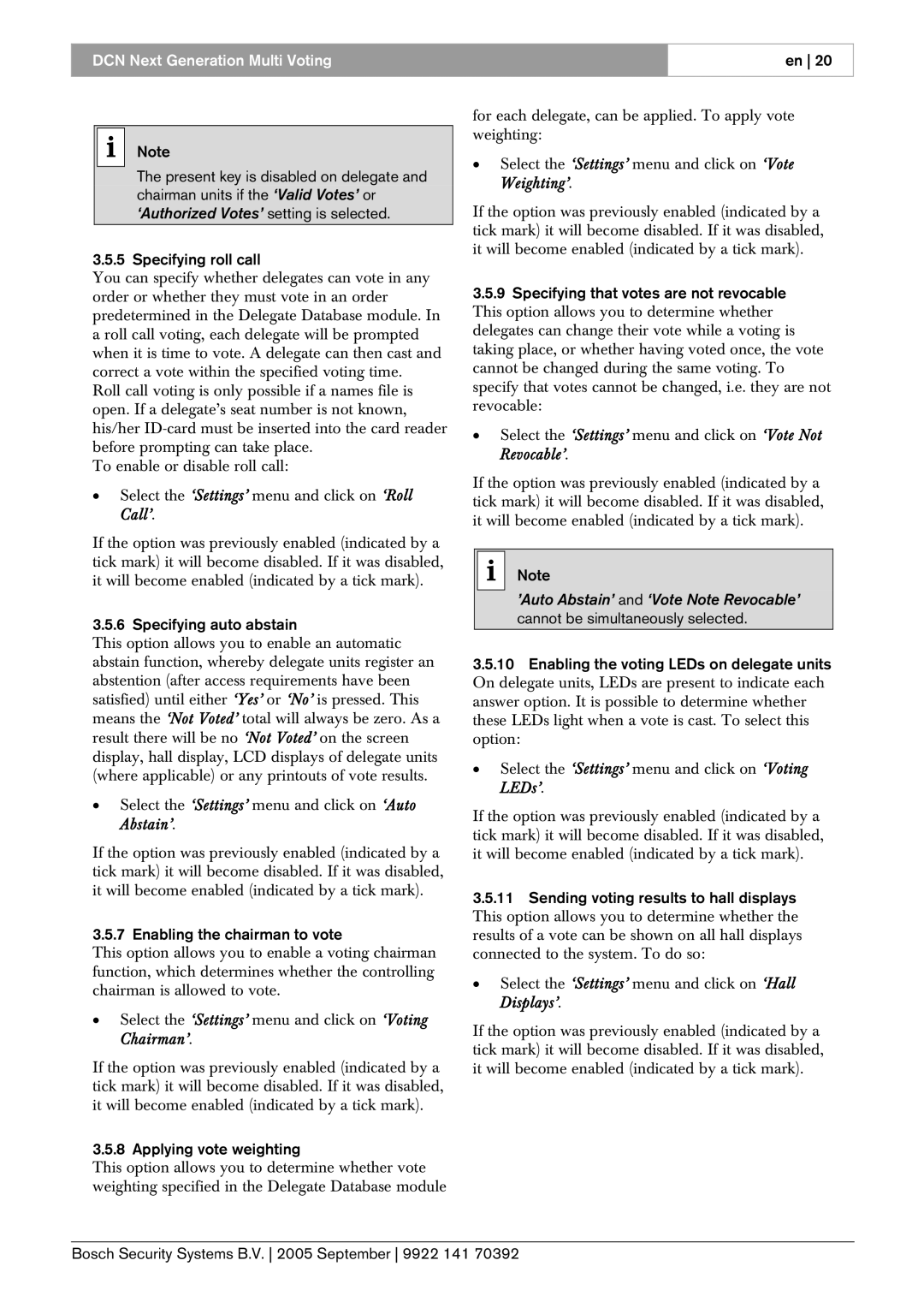 Bosch Appliances LBB 4176 user manual Specifying auto abstain, Enabling the chairman to vote, Applying vote weighting 