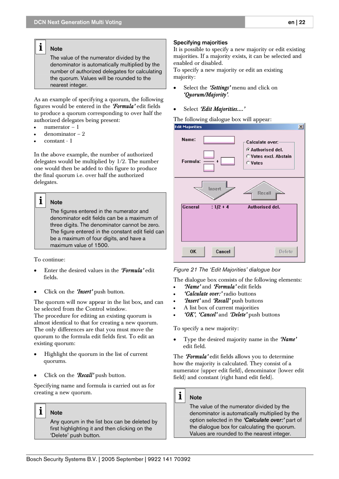 Bosch Appliances LBB 4176 user manual Select ‘Edit Majorities....’, ‘OK’, ‘Cancel’ and ‘Delete’ push buttons 