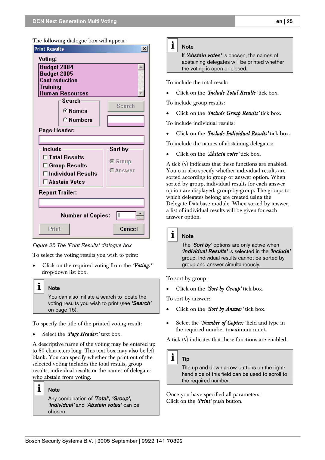 Bosch Appliances LBB 4176 user manual ‘Print Results’ dialogue box 