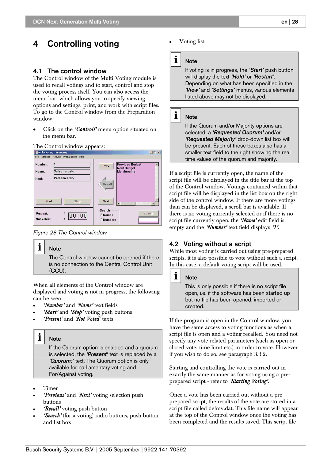 Bosch Appliances LBB 4176 Controlling voting, Control window, Voting without a script, ‘Number’ and ‘Name’ text fields 