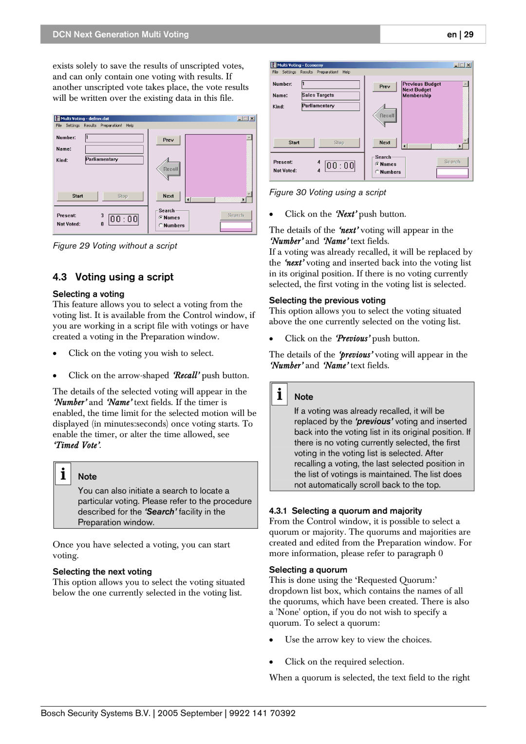 Bosch Appliances LBB 4176 Voting using a script, Selecting a voting, Selecting the next voting, Selecting a quorum 