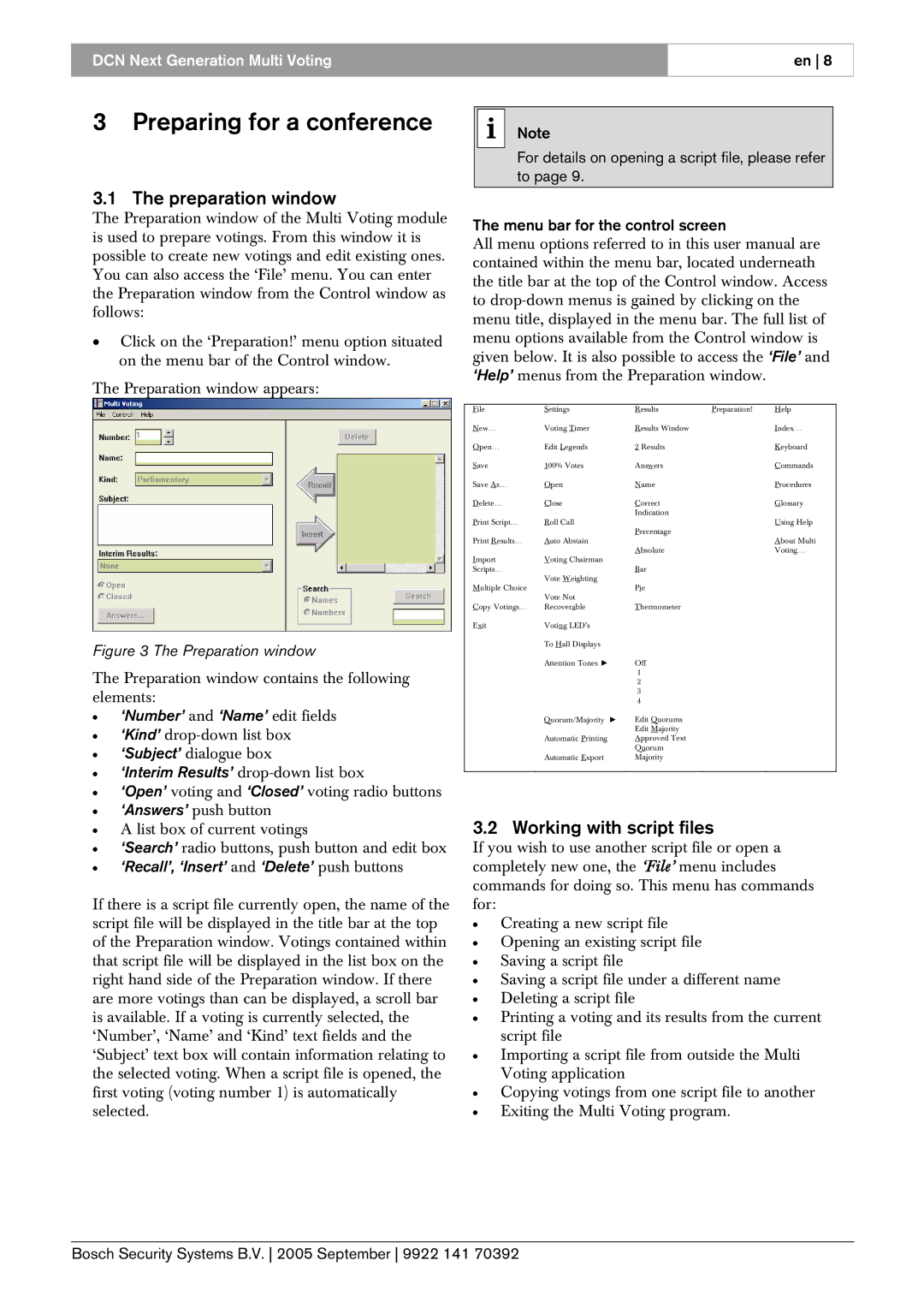 Bosch Appliances LBB 4176 user manual Preparing for a conference, Preparation window, Working with script files 