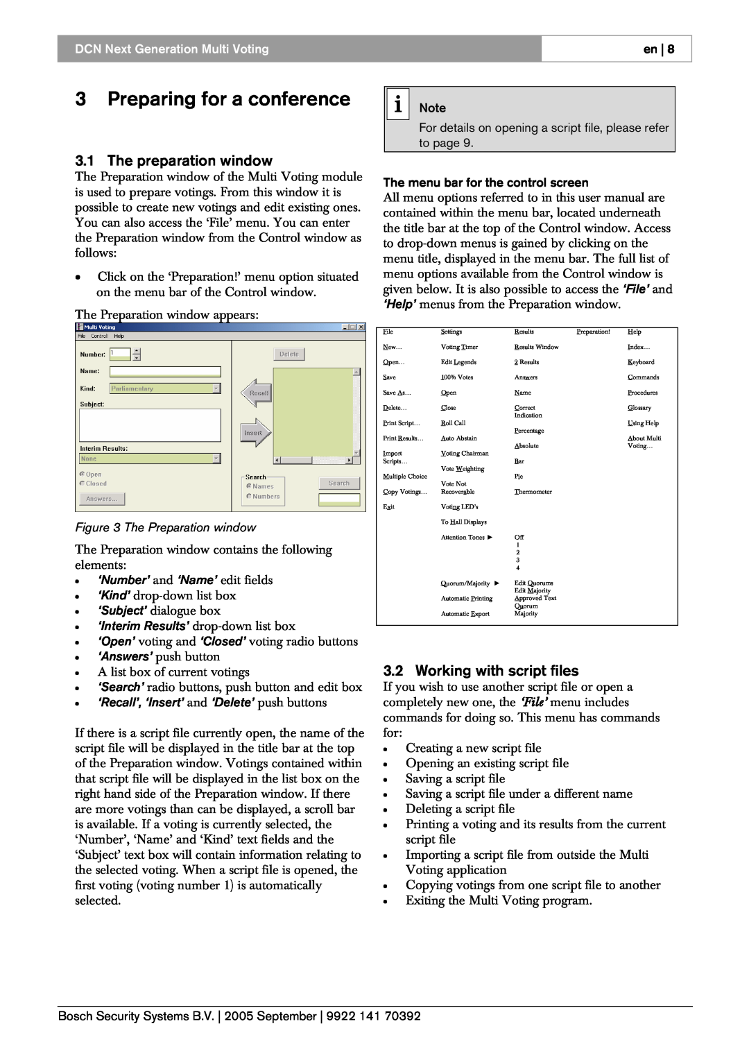 Bosch Appliances LBB 4176 user manual 3Preparing for a conference, The preparation window, Working with script files 