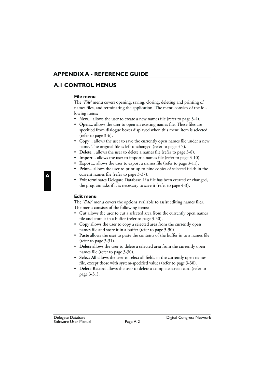 Bosch Appliances LBB3580 user manual Appendix a Reference Guide Control Menus, File menu, Edit menu 