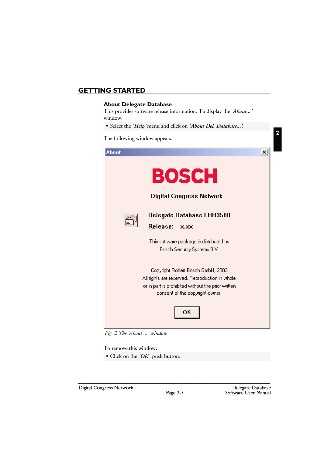 Bosch Appliances LBB3580 About Delegate Database, The ‘About ...’ window, Getting Started, The following window appears 