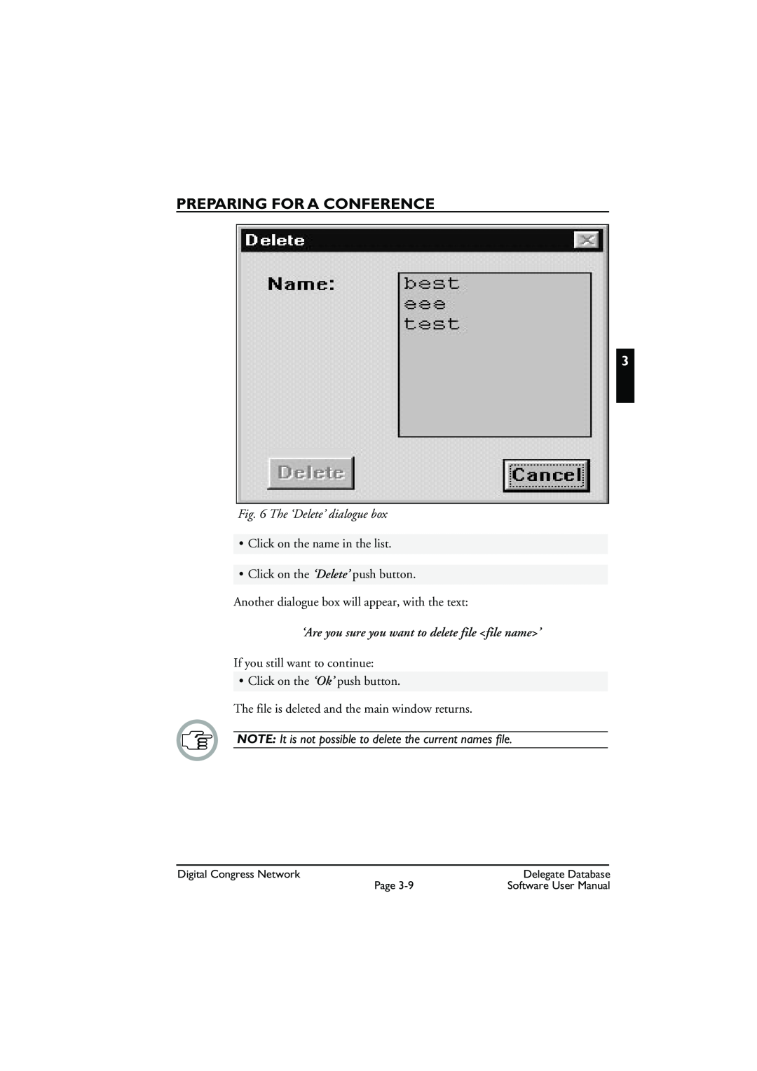 Bosch Appliances LBB3580 user manual The ‘Delete’ dialogue box, Preparing For A Conference, Click on the name in the list 