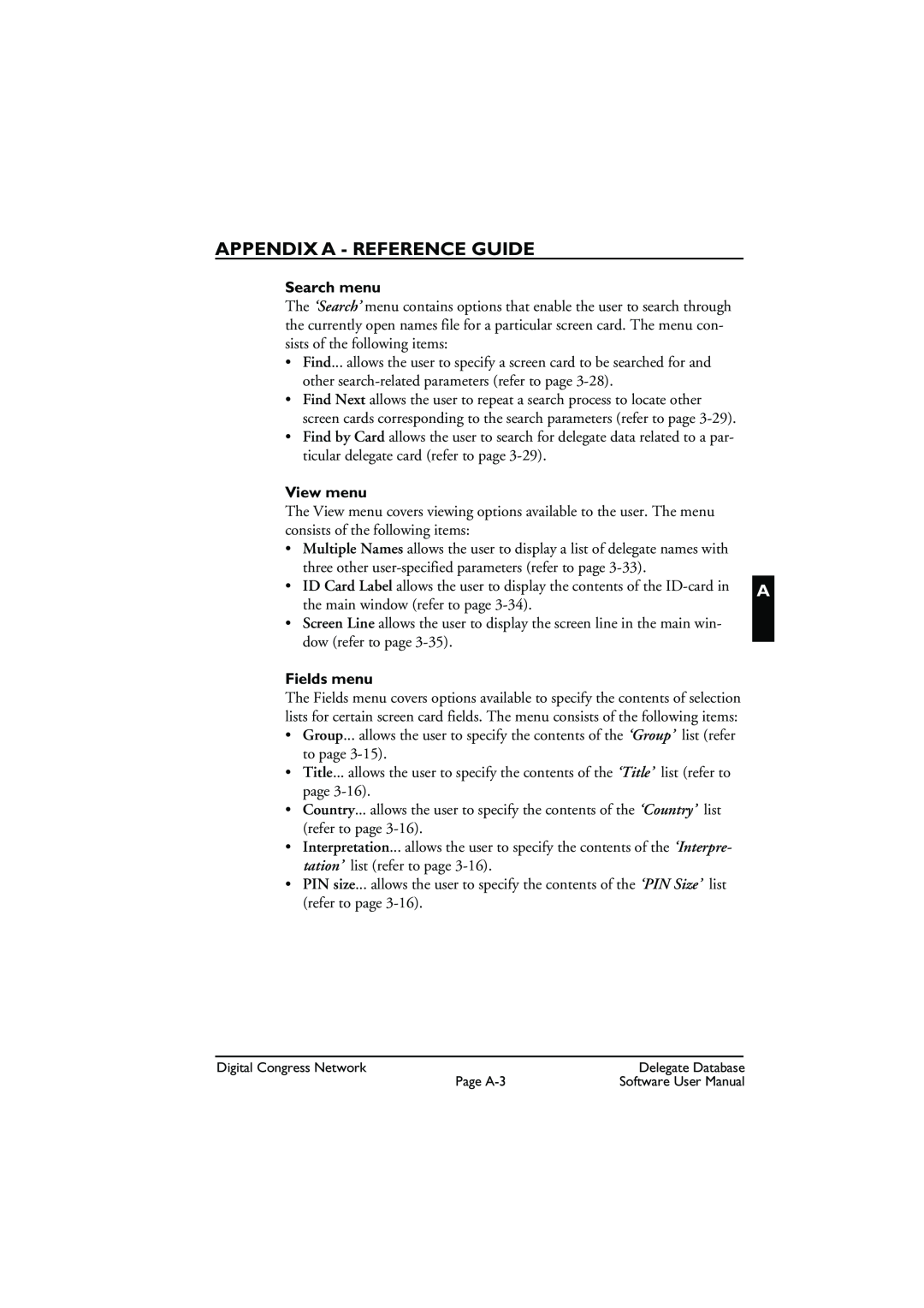 Bosch Appliances LBB3580 user manual Appendix A - Reference Guide, Search menu, View menu, Fields menu 
