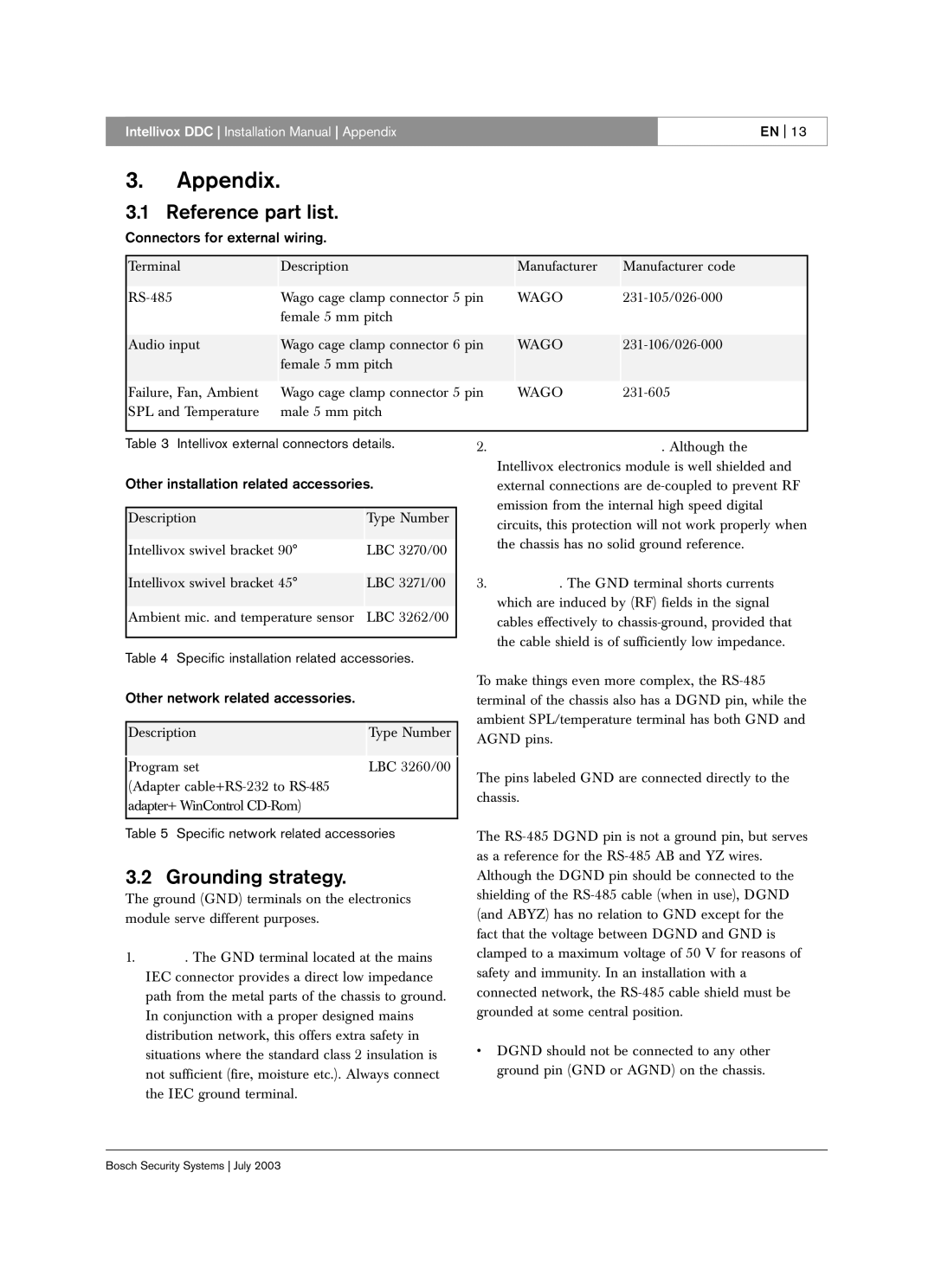 Bosch Appliances LBC 325X installation manual Reference part list, Grounding strategy 