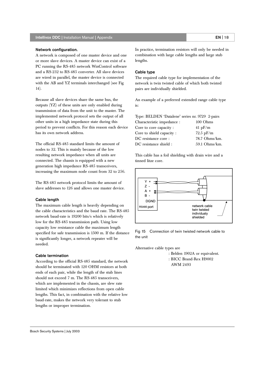 Bosch Appliances LBC 325X installation manual Network configuration, Cable length, Cable termination, Cable type 