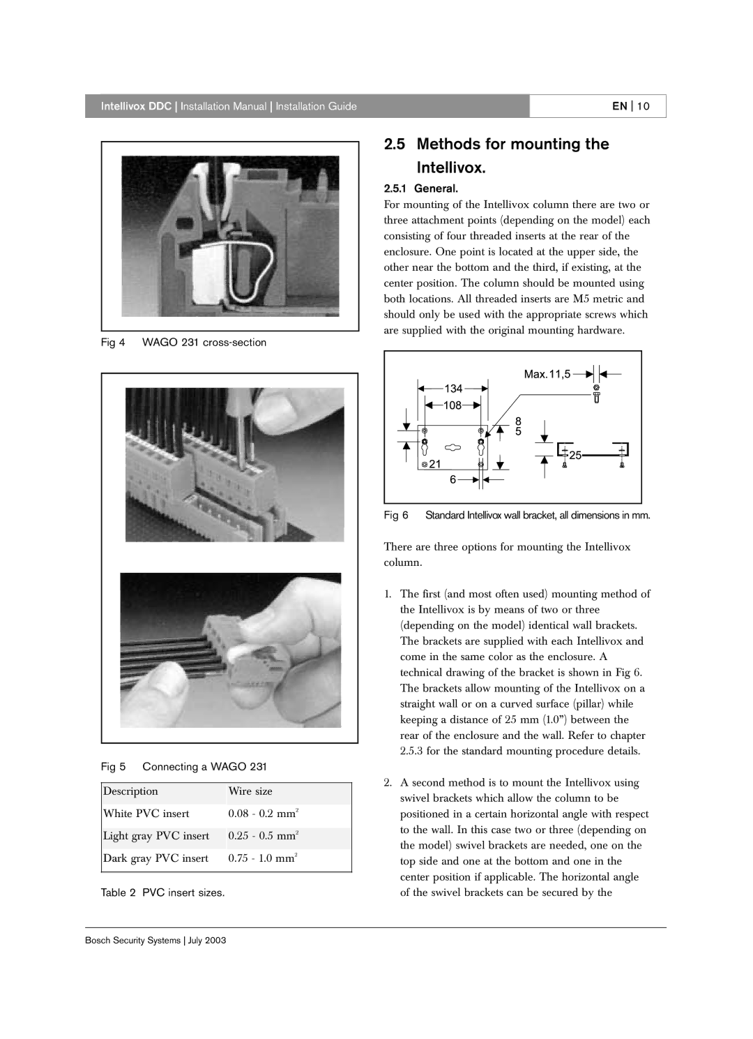 Bosch Appliances LBC 325X Methods for mounting Intellivox, Wago 231 cross-section Connecting a Wago, PVC insert sizes 