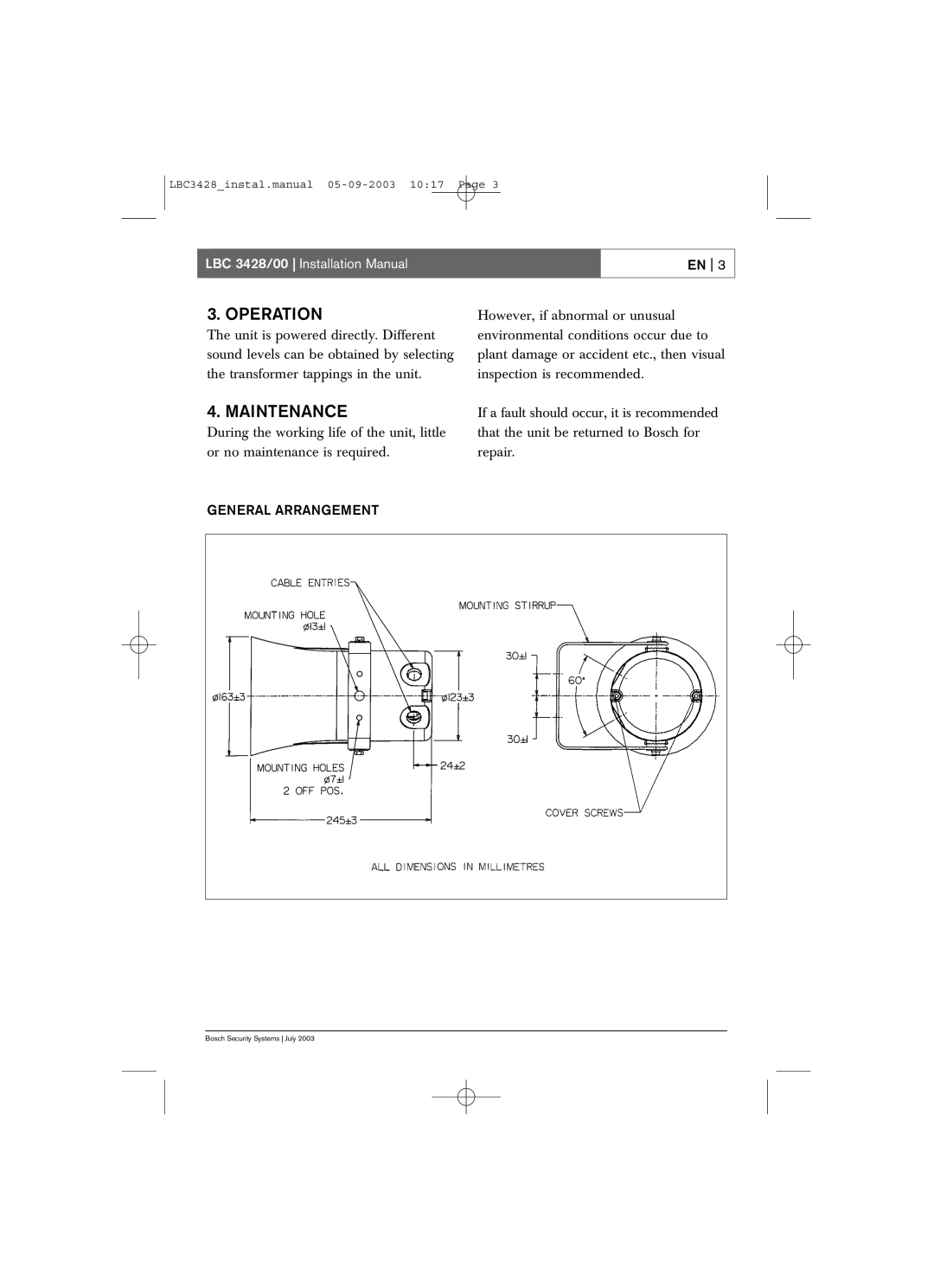 Bosch Appliances LBC 3428/00 installation manual Operation, Maintenance, General Arrangement 