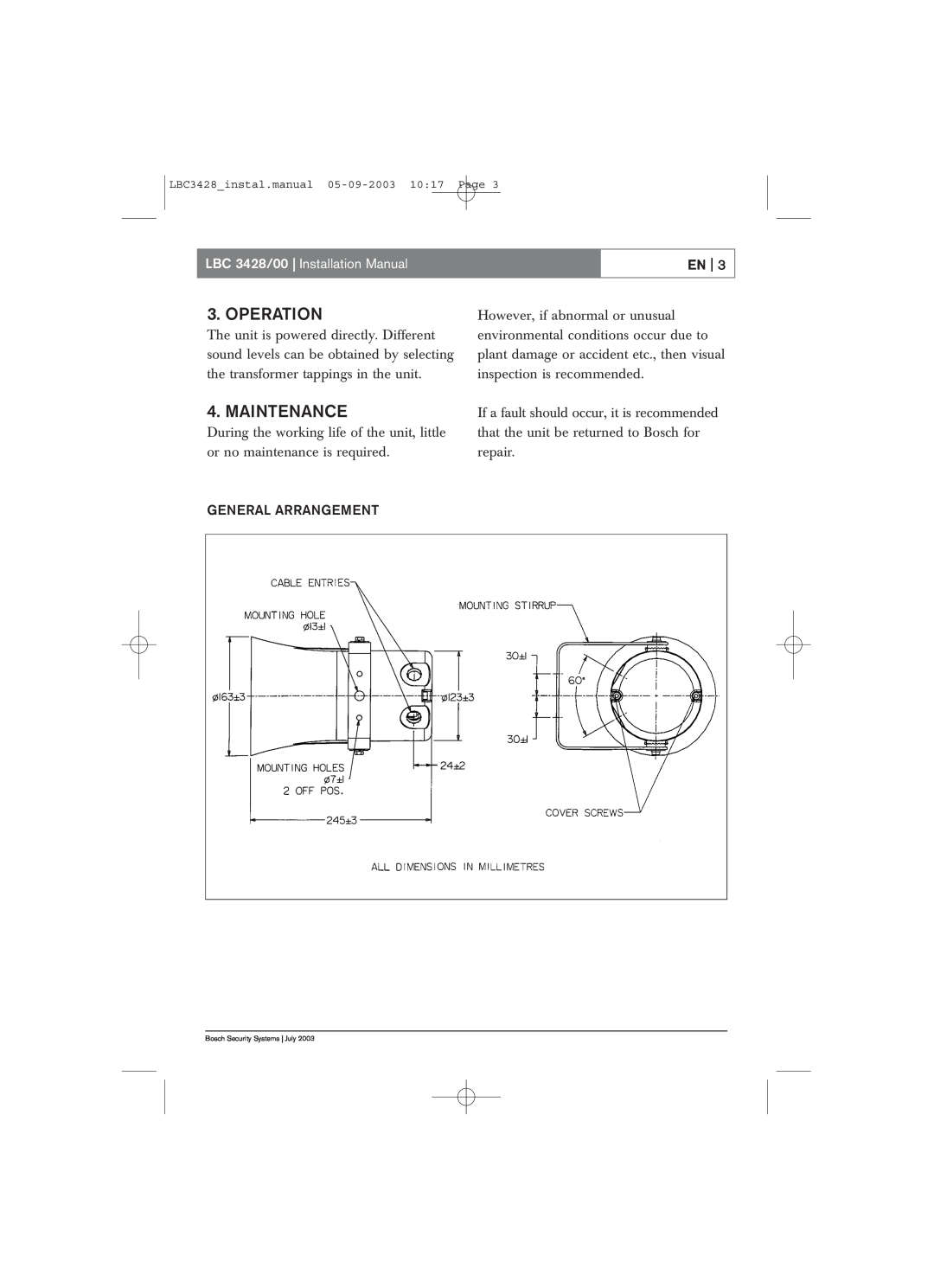 Bosch Appliances installation manual Operation, Maintenance, General Arrangement, LBC 3428/00 Installation Manual, En 
