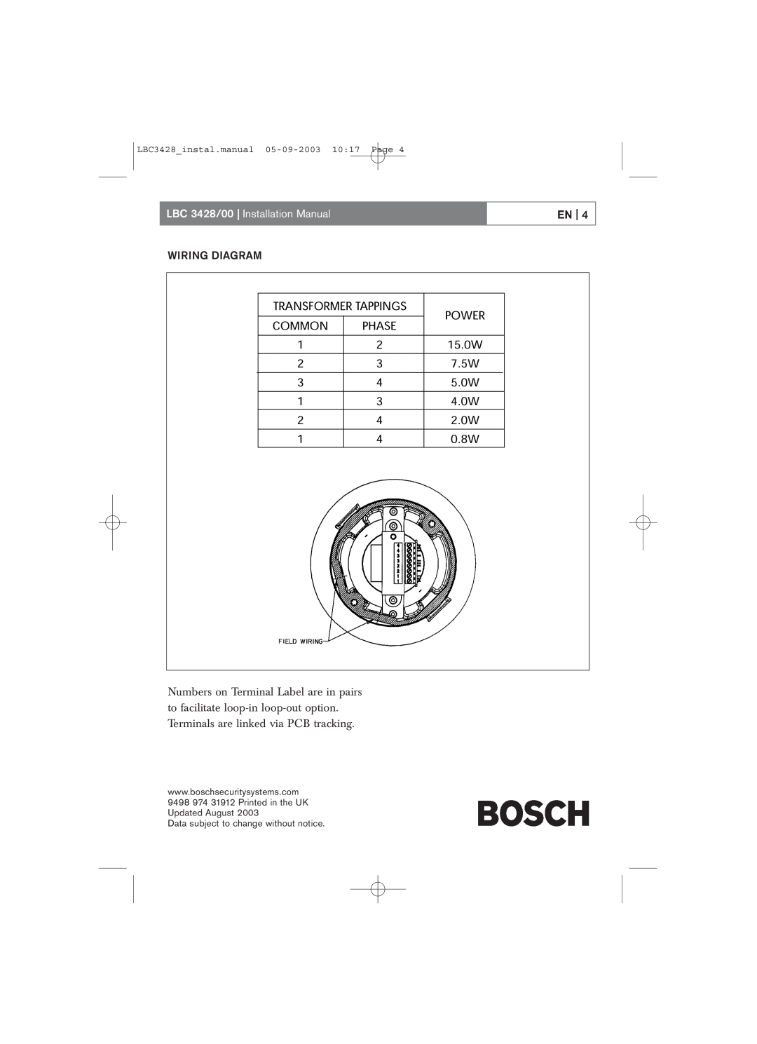 Bosch Appliances En, Wiring Diagram, LBC 3428/00 Installation Manual, LBC3428 instal.manual 05-09-200310 17 Page 